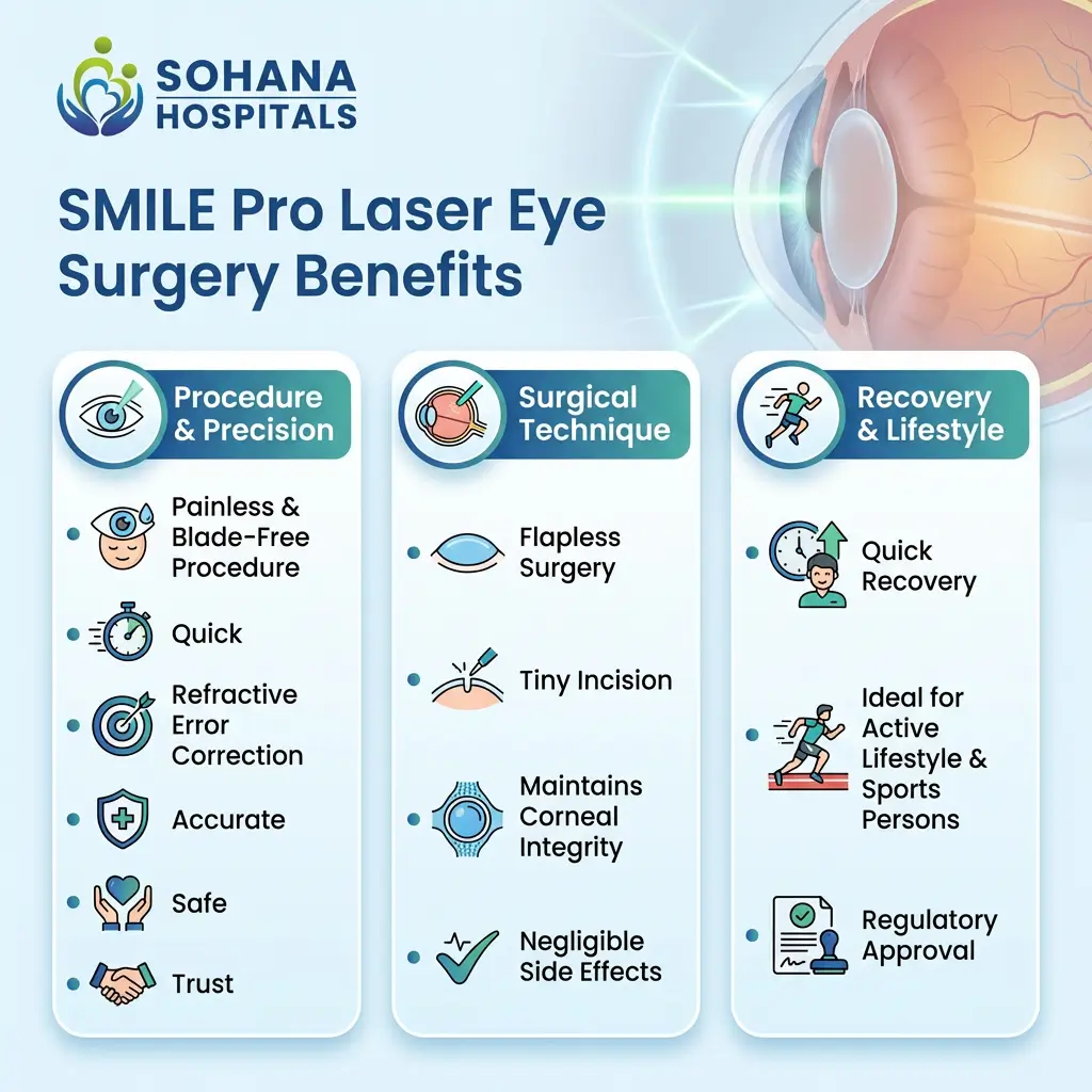 Benefits of SMILE Pro Laser Eye Surgery: Painless & Blade-Free Procedure - Quick Refractive Error Correction - Accurate - Safe - Trust - Flapless Surgery - Tiny Incision - Maintains Corneal Integrity - Negligible Side Effects - Quick Recovery - Ideal for Active Lifestyle & Sports Persons - Regulatory Approval