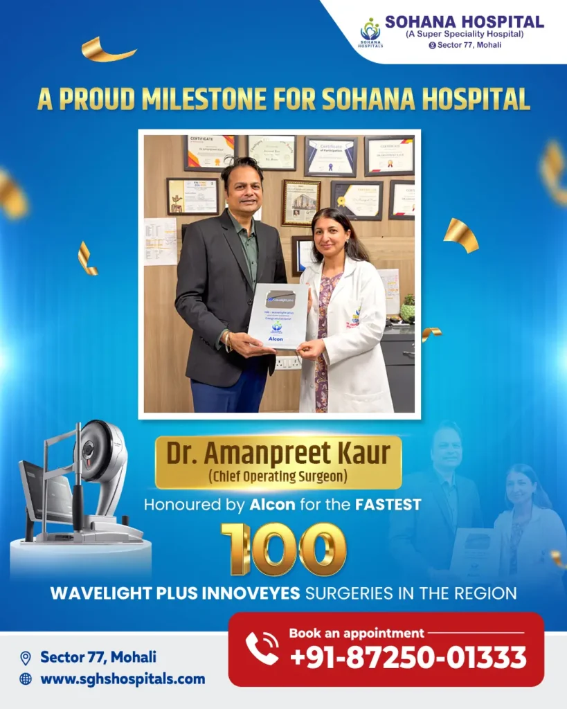 Dr. Amanpreet Kaur (Chief Operating Surgeon) has been honoured by Alcon for achieving the fastest 100 Wavelight Plus InnovEyes surgeries in the region