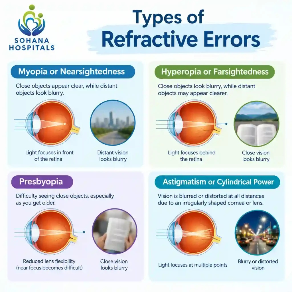 Types of Refractive Errors: myopia - hyperopia - presbyopia - astigmatism